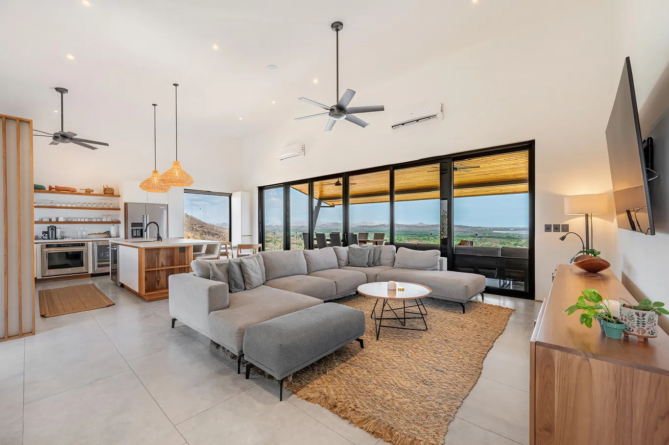 Open living room with sliding glass doors