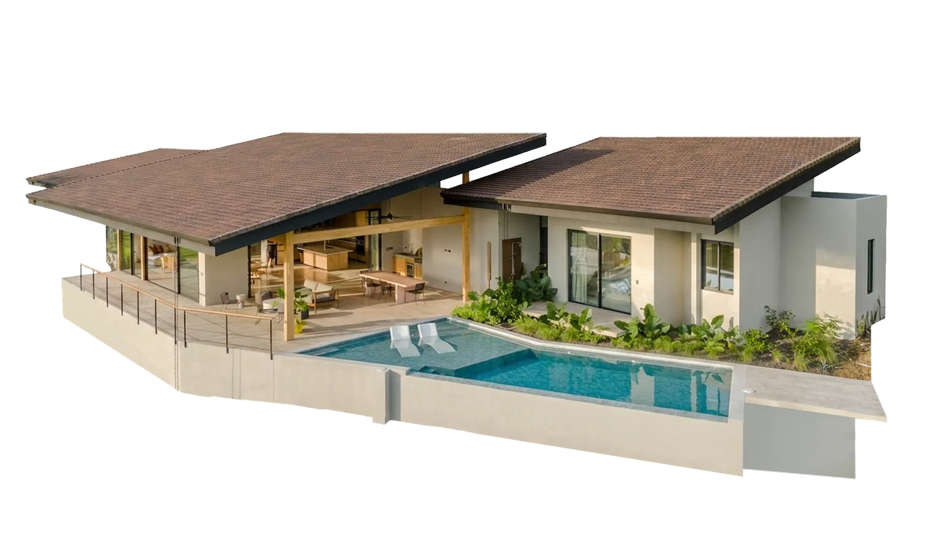 Render of a Ventanas home: tile roof, deep eaves, pool terrace