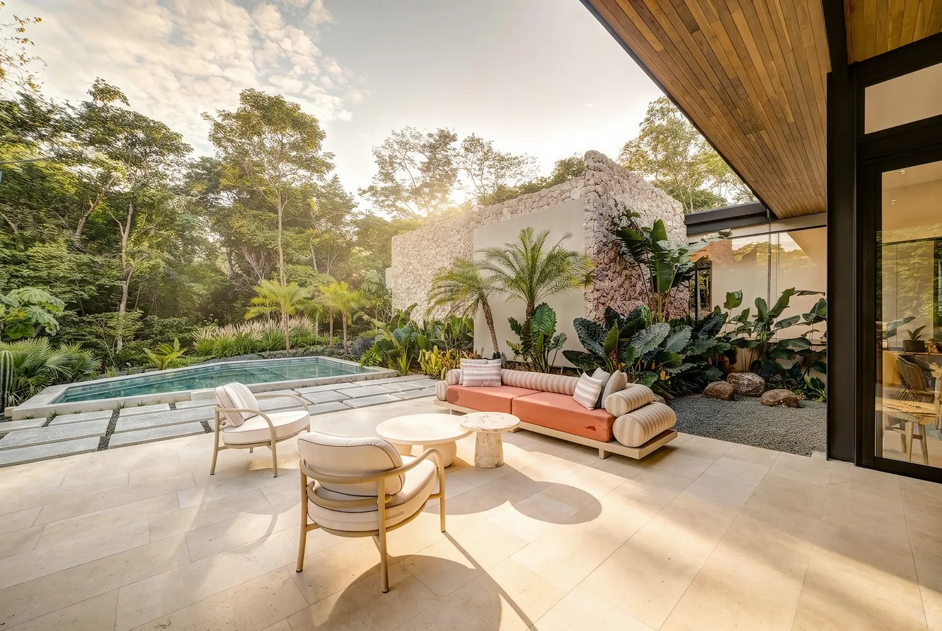 Covered terrace opening onto the pool and tropical garden